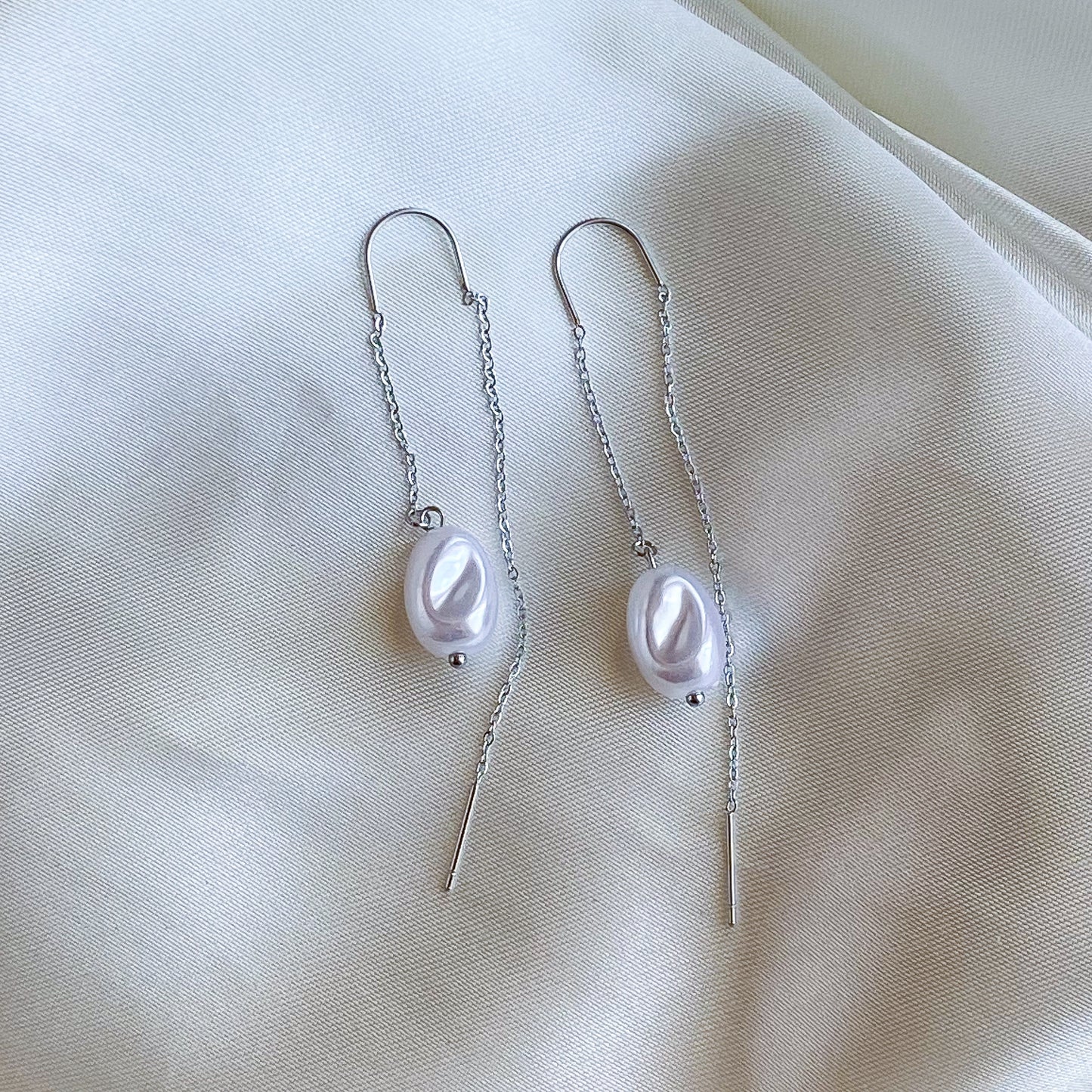 MERLHY - ARETES PERLA LARGOS PLATEADO ACERO INOXIDABLE