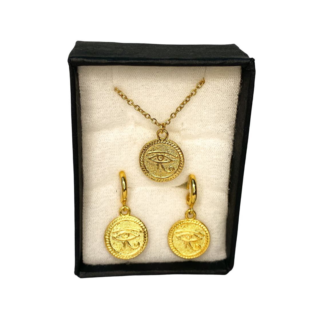 PILAR - SET ARETES Y COLLAR HORUS OJO EGIPCIO CHAPA DE ORO