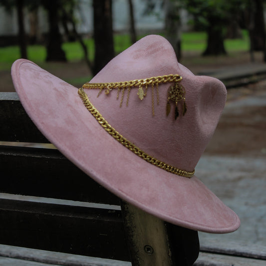 MARRUECOS- Sombrero con joyería atrapa sueños y mano hamsa indiana explorer gamuza