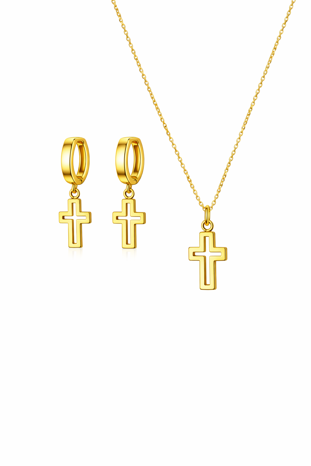 REGINA - SET ARETES Y COLLAR CONTORNO CRUZ CHAPA DE ORO