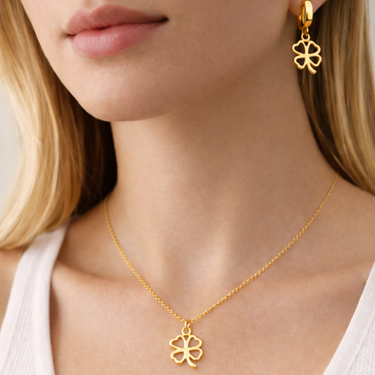 - SET ARETES Y COLLAR TREBOL DE LA SUERTE 4 HOJAS