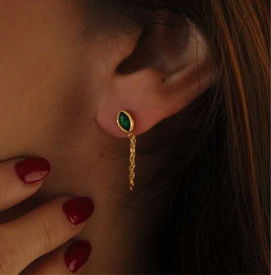 LIZBETH - ARETES CADENA Y ZIRCONIA VERDE INOXIDABLE DORADO