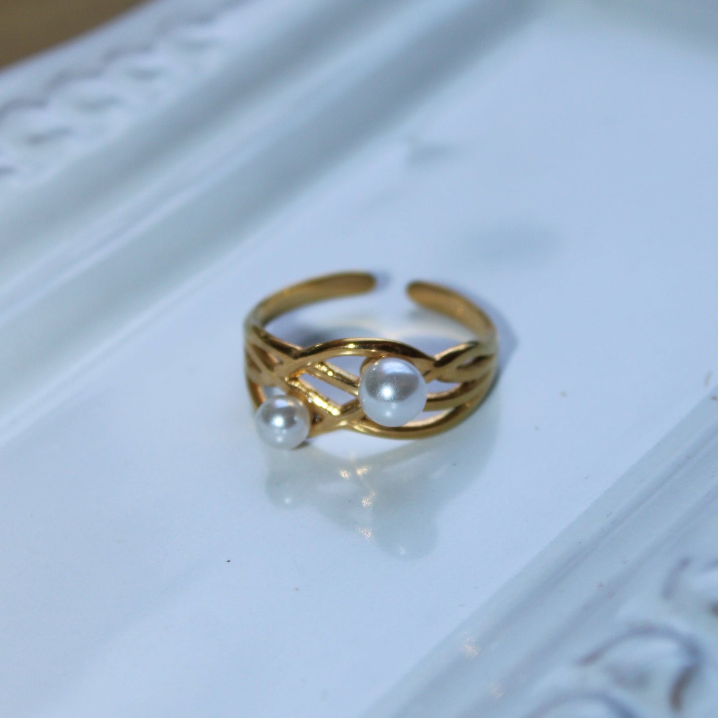 CLAIRE - ANILLO CRUZADO PERLAS ACERO INOXIDABLE